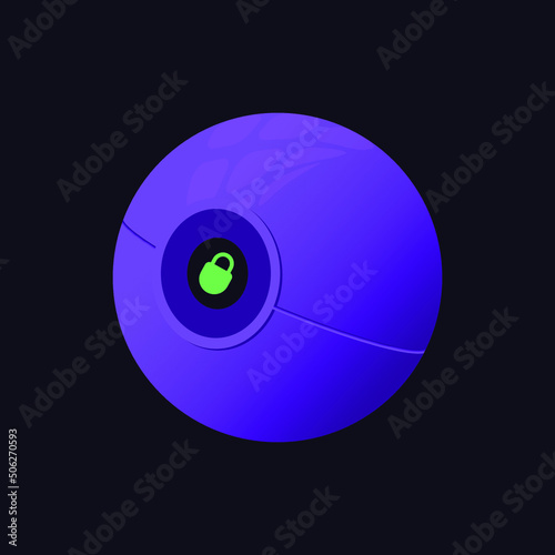 Futuristic flying drone sphere 3D. Cyberpunk smart unmanned aerial vehicle with key hole. Glossy airdrone. Urban vector illustration isolated on dark background