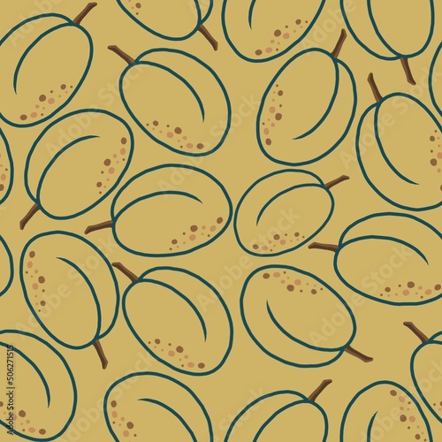 Plum hand drawn pattern. Seamless background pattern. Fruits rustic illustration