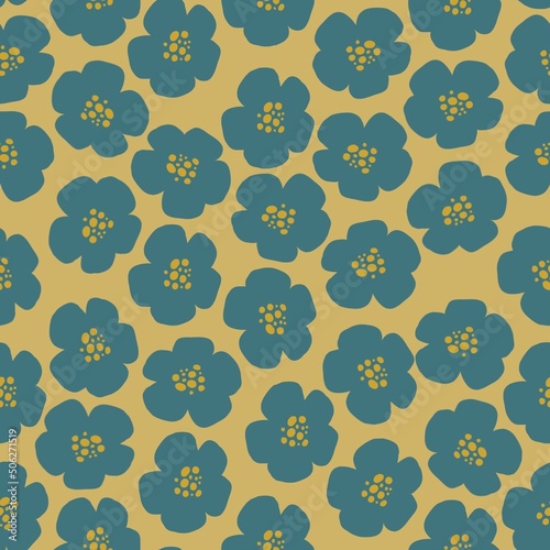 Blue flower background. Seamless background pattern. Rustic hand drawn background illustration