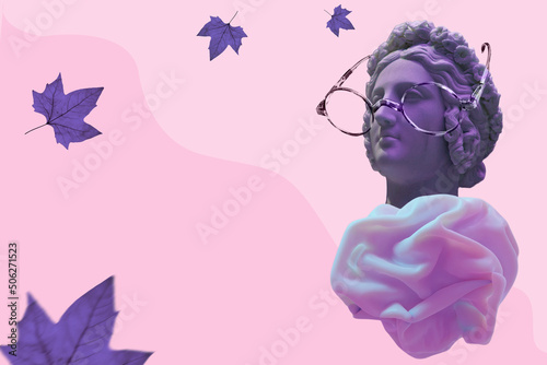 Sculpture of an antique head of purple color in glasses and lush clothes on a pink background for an optics or vision store.