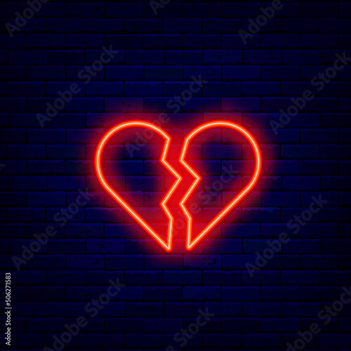 Broken heart neon icon. Unrequited love. Romantic signboard. Valentines day emblem. Vector illustration