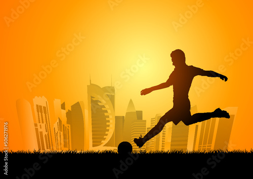 soccer player with Doha skyline in the background