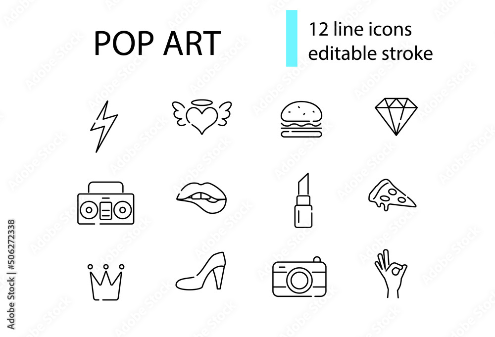 Fototapeta premium Pop art outline icons collection. Vintage design. Pizza, burger and hand poses. Isolated vector stock illustration