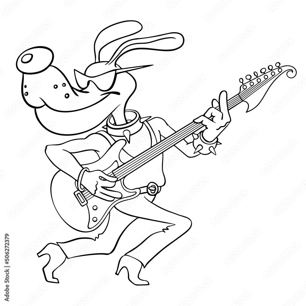 Fototapeta premium Cartoon dog plays rock music on the electric guitar. Funny cartoon dog musician. Vector outline image of a guitarist dog. Illustration isolated on white.
