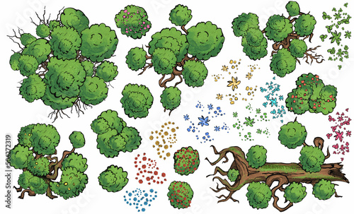 A constructor for creating game cards for board games such as dungeons and dragons, it has collected bushes and trees with flowers, as well as fallen overgrown trunks.  2d art, top view