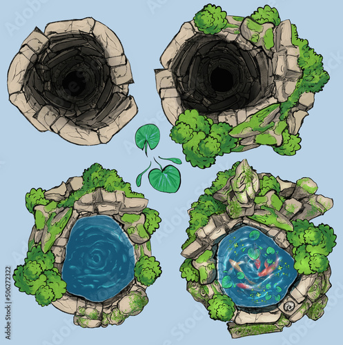 A constructor for creating game cards for board games such as dungeons and dragons, it has wells in different states, dry, with grass, with water and fish.  2d art, top view