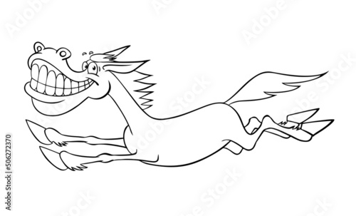 Illustration isolated on white. Happy cartoon horse galloping. Vector outline image of a running horse. Funny joyful cartoon horse.