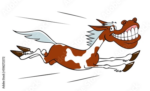 American paint horse. Vector illustration isolated on white. Funny joyful cartoon horse. American spotted horse. Joyful cartoon galloping horse.