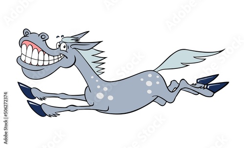 Illustration isolated on white. Funny joyful cartoon horse. Gray horse. A dappled gray cartoon horse gallops happily.