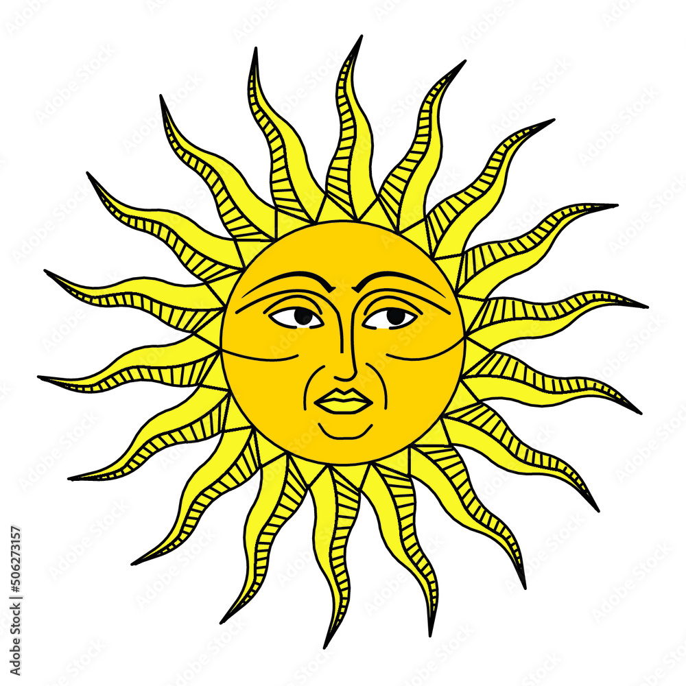 traditional medieval sun emblem as seen on hand drawn artisan decorations depicting heavenly bodies and the solar system.