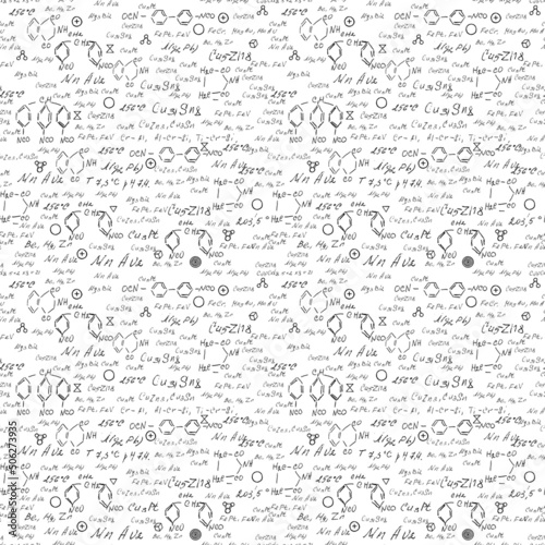 Chemistry seamless pattern with handwriting of various formulas and molecules structures and diagrams. Atom geometry. College lectures. Scientific study as former Alchemy. Vector.