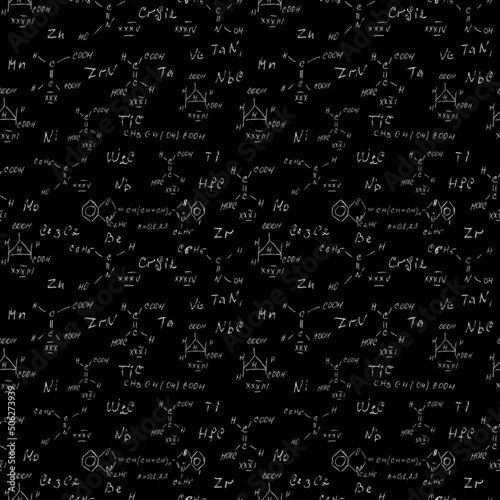 Seamless chemistry scribbles at school chalk board. Blackboard formulas pattern. The concept of education and back to school. Hand writing, endless pattern molecules structures bonds together. Vector.