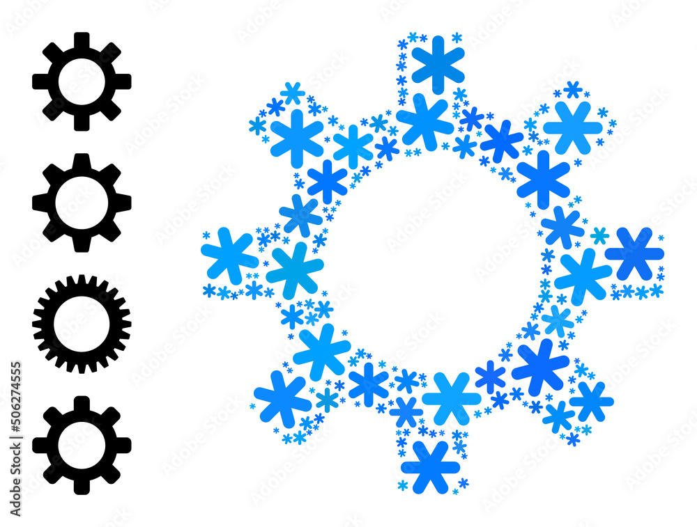 Mosaic gearwheel icon is organized for winter, New Year, Christmas. Gearwheel icon mosaic is made of light blue snow flakes. Some bonus icons are added.
