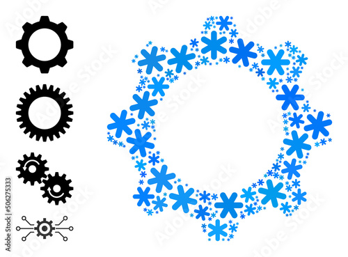 Mosaic gearwheel icon is done for winter, New Year, Christmas. Gearwheel icon mosaic is composed with light blue snow parts. Some similar icons are added.