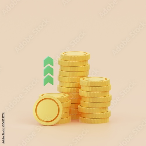 Coin stacks and Arrow. Financial success and growth concept. 3d render illustration