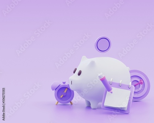 Finance consulting investment business concept. large piggy bank and money coins notes analysis target chart balance time financial savings concept on purple background. 3d rendering.