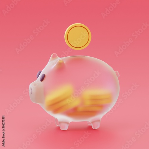 Glass Large Piggy bank with coin inside, saving or save money or open a bank deposit concept on red background, 3D rendering