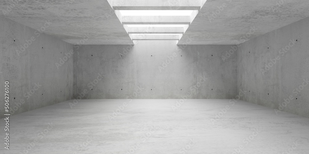 Abstract empty, modern concrete room with indirect lighting from ceiling beams and concrete floor - industrial interior background template