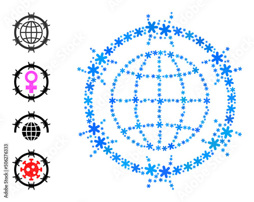 Mosaic barbed wire globe icon is created for winter, New Year, Christmas. Barbed wire globe icon mosaic is constructed from light blue snow icons. Some bonus icons are added.