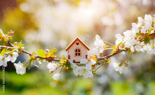 Miniature house on flowering branch close-up and copy space.