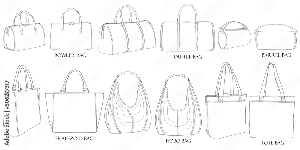Types of bags. Bowling, hobo, trapezoid, duffle, barrel, tote. A set of