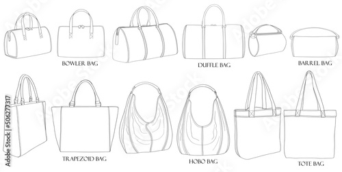 Types of bags. Bowling, hobo, trapezoid, duffle, barrel, tote. A set of stylish bulky women's bags isolated on a white background. Collection of luxury modern accessories.