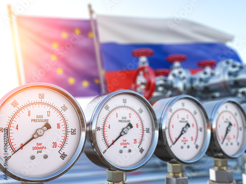 Gas pipeline with gauge with zero pression and EU European Union and Russia flags. Energy crisis and sacctions concept. photo