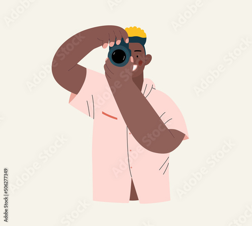 People portrait - Taking photos -Modern flat vector concept illustration of a young black man taking photo with a camera, half-length portrait, user avatar. Creative landing web page illustartion