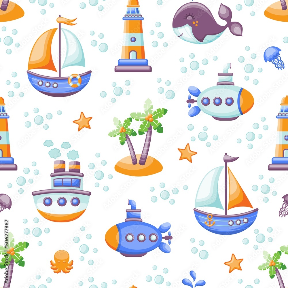 Seamless pattern with sailing boats, submarine, lighthouse, whale and tropical beach. Vector illustration. Seamless pattern with sailing boats, submarine, lighthouse, whale and tropical beach. Vector illustration.