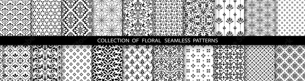 Geometric floral set of seamless patterns. White and black vector backgrounds. Simple illustrations. Geometric floral set of seamless patterns. White and black vector backgrounds. Simple illustrations.