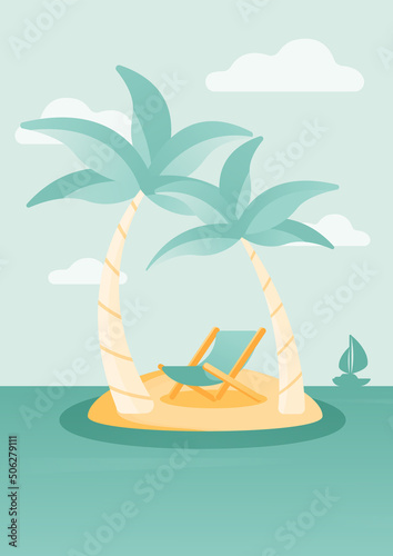Illustration of two palmas and sun chair on the island in the sea.