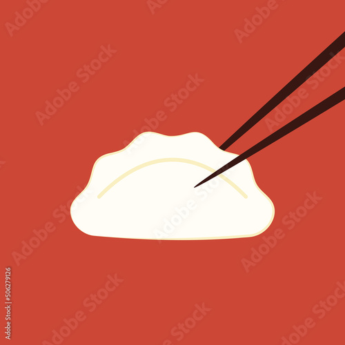 Hot dumplings and chopsticks on red background. Steamed dim sum or bun illustration for restaurant logo. Asian food icon for Japanese.
