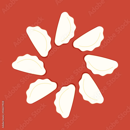 Gyoza vector. Steamed dim sum or bun illustration for restaurant logo. Asian food icon for Japanese, Korean. Vector illustration of gyoza, japanese dumplings.