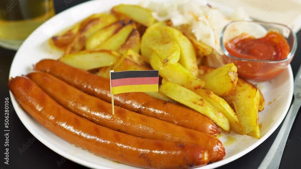 Plate with tasty sausages, sauce and flag of Germany. German national food. Plate with tasty sausages, sauce and flag of Germany. German national food.