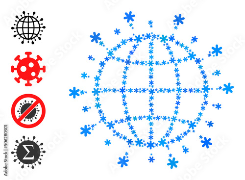 Mosaic global coronavirus icon is constructed for winter, New Year, Christmas. Global coronavirus icon mosaic is shaped of light blue snow items. Some bonus icons are added.