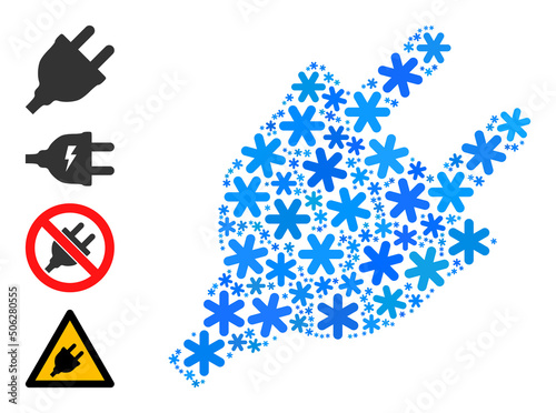 Composition electric plug icon is organized for winter, New Year, Christmas. Electric plug icon mosaic is constructed of light blue snow icons. Some similar icons are added.