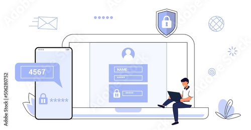 2fa Two factor authentication password secure notice login verification code Notice with code fo sign in Two steps factor verification via laptop and phone. Mobile OTP method Vector flat illustration