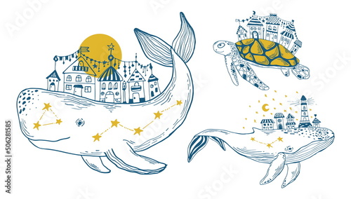 Blue and yellow outline whales and turtle with cute houses in its back. Galaxy and sea animal vector illustration.