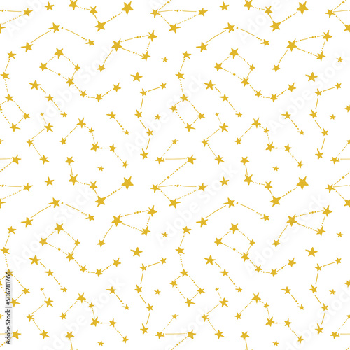 Yellow seamless pattern with constellations and celestial. Galaxy stars vector illustration.
