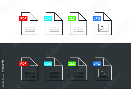 Common Filetype icons, PDF, DOC, XLS and JPG black and inverse (white) versions