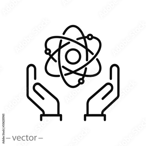 peaceful atom icon, nuclear safety, molecule nucleus in hands, thin line web symbol on white background - editable stroke vector illustration
