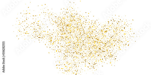 Golden glitter confetti on a white background. Illustration of a drop of shiny particles. Decorative element. Luxury background for your design, cards, invitations, gift, vip.