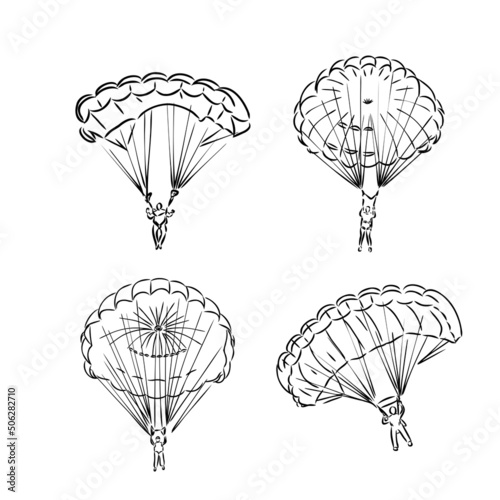 Vector Paraglider. Sketch illustration with hand drawn skydiver flying with a paraglider. Black line isolated on white. Extreme sports concept. Design for print, cover, poster and banner