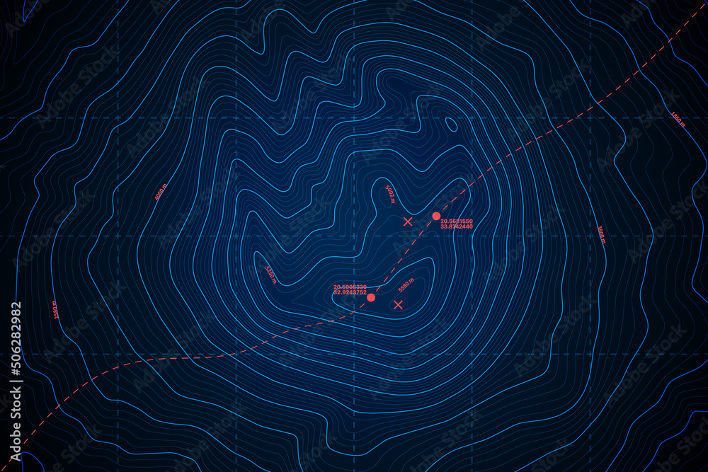 Sea Abyss Vector Topographic Map With Depth Route And Coordinates Conceptual User Interface Dark Blue Background. Bermuda Triangle Underwater Area Abstract Illustration. Topography Relief Territory - obrazy, fototapety, plakaty 