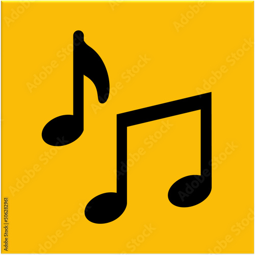 Orangener Button mit schwarzen Musik Noten Symbolen. 3 Achtel Noten mit Fähnchen und mit Steg. Fast musical notes eights in a row on orange button sign.