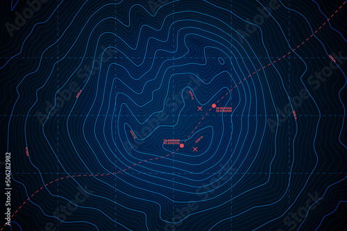 Fotografiet Sea Abyss Vector Topographic Map With Depth Route And Coordinates Conceptual User Interface Dark Blue Background