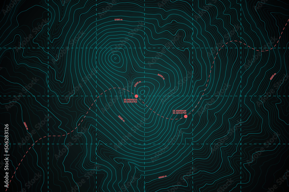 Modern Detailed Digital UI Topographic Map Vector Abstract Turquoise Background. Geographic Topology Structure With Depth Route And Coordinates Conceptual Cartographic Illustration - obrazy, fototapety, plakaty 