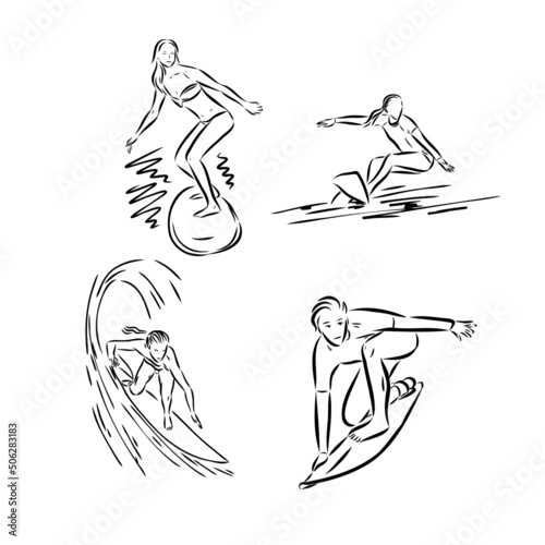 Collection of sketches of the surfers, hand drawn vector illustration