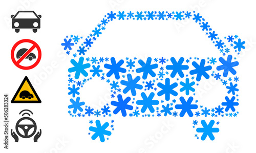 Mosaic car icon is constructed for winter, New Year, Christmas. Car icon mosaic is designed with light blue snow parts. Some bonus icons are added.