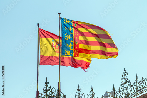 Spanish and valencian flags on the Plaza de Toros de Valencia photo